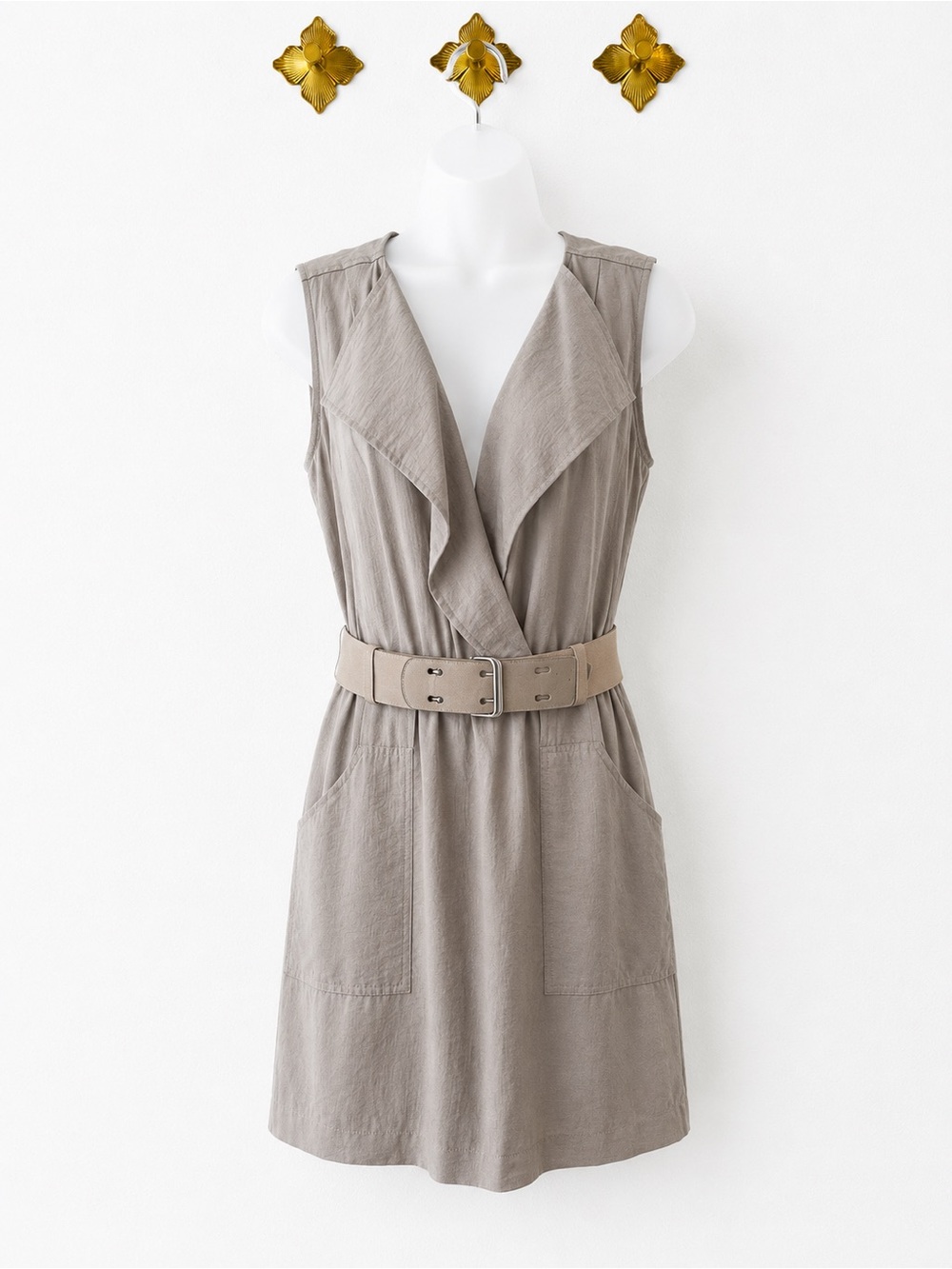 BCBG Max Azria Taupe Belted Draped Neck Sleeveless Mini Dress with Belt Size S